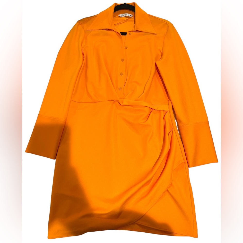 Zara Orange Mini Draped Shirt Dress